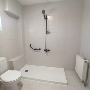 Aquacool 104 Antik Beyaz boyası ile yenilenmiş banyo ve duş alanı fotoğrafı