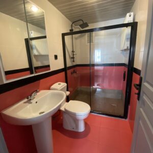 Aquacool RAL 3014 Antik Pembe boya ile yenilenmiş banyo fayansları ve lavabo alanı fotoğrafı