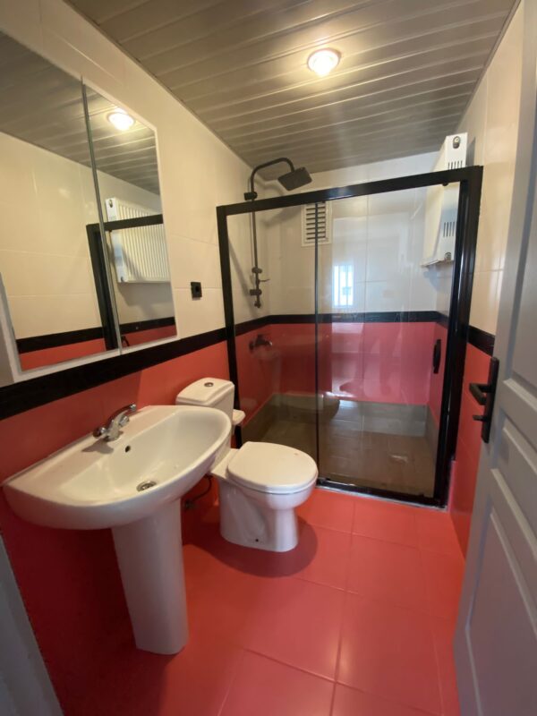 Aquacool RAL 3014 Antik Pembe boya ile yenilenmiş banyo fayansları ve lavabo alanı fotoğrafı
