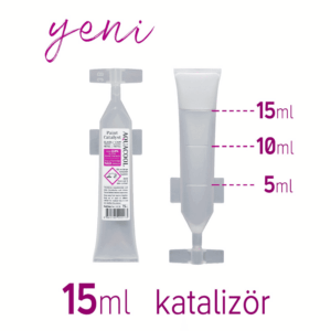 Aquacool Trend Paint Catalyst 15ml tüp ambalajı ve üzerinde 5ml, 10ml, 15ml seviye ölçek çizgileri gösterimi
