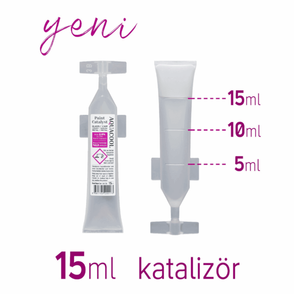 Aquacool Trend Paint Catalyst 15ml tüp ambalajı ve üzerinde 5ml, 10ml, 15ml seviye ölçek çizgileri gösterimi
